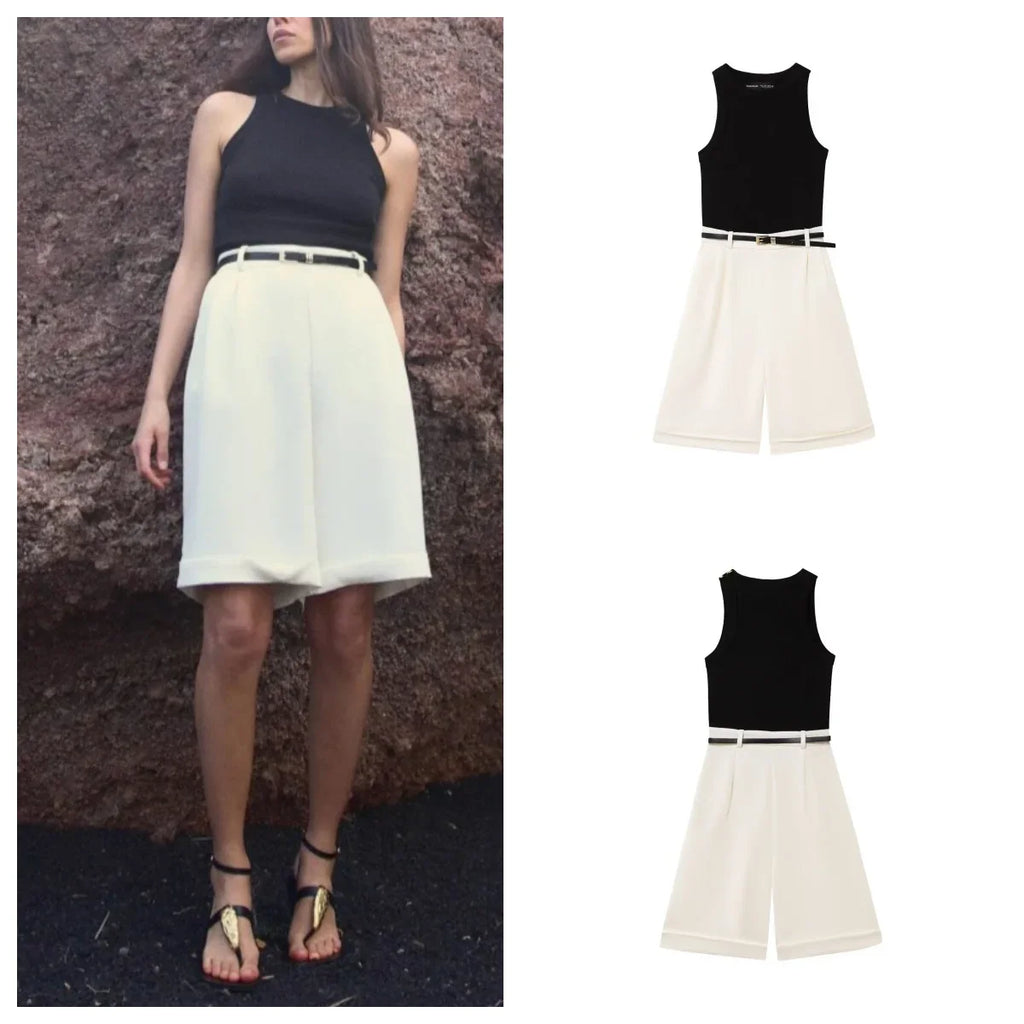 Slim Fit Sleeveless Jumpsuit with Belt Stylish Short Romper for Versatile Fashion Looks