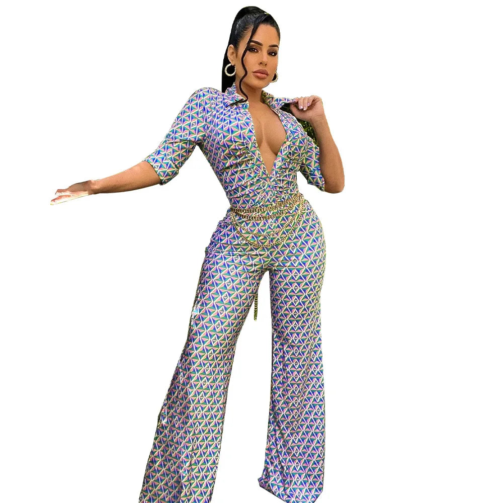 Elegant Chic Printed Women One Piece Slim Fit V Neck Long Sleeve Wrap Waist Jumpsuit Office Fashion Outfit