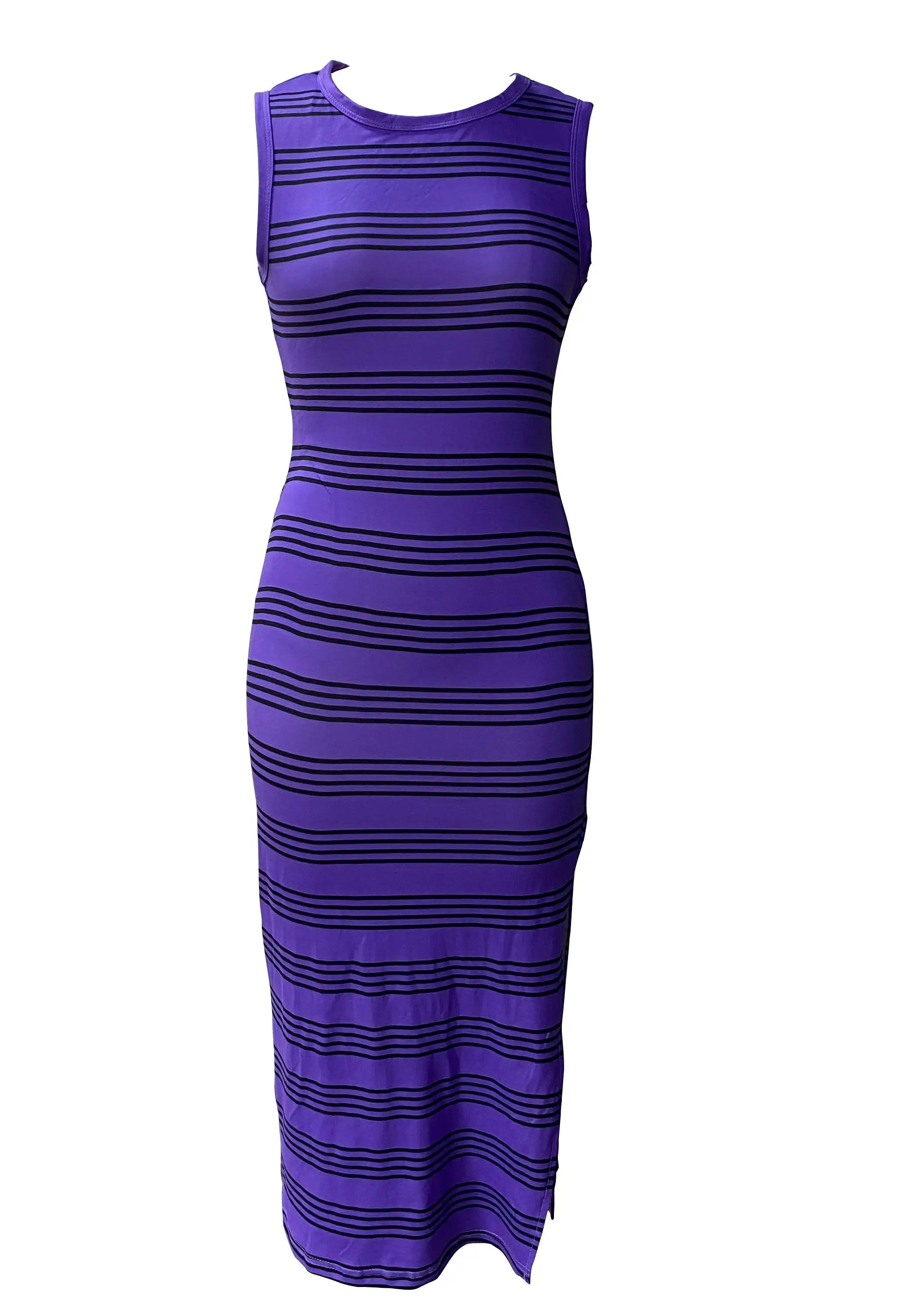 Casual Striped Knitted Midi Dress With Side Slit Summer