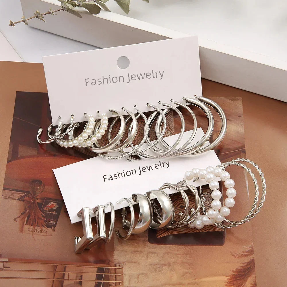 Vintage Silver Y2K Pearl Earrings Set with Round & Square Geometry Hoops for Women