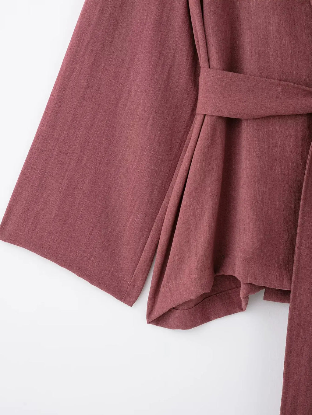 Women's V-Neck Long-Sleeve Side Tie Kimono Top and Elastic Waist Trousers Casual Chic Suit