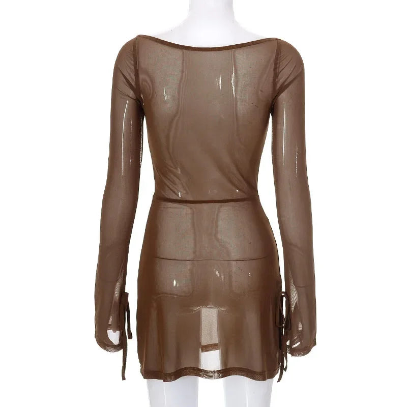 Slim Fit Sheer Dress For Women Lace Up Long Sleeve Fashion