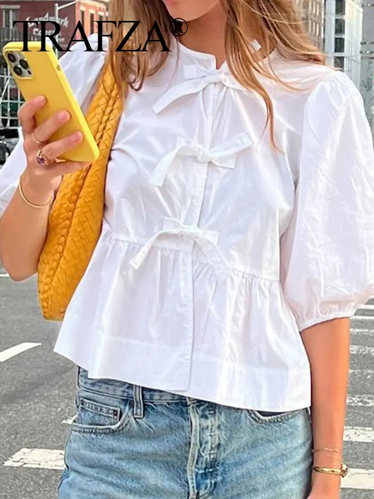 Women Bow Lace Up Puff Sleeve Blouse O Neck Sweet Casual Chic Top in White and Black