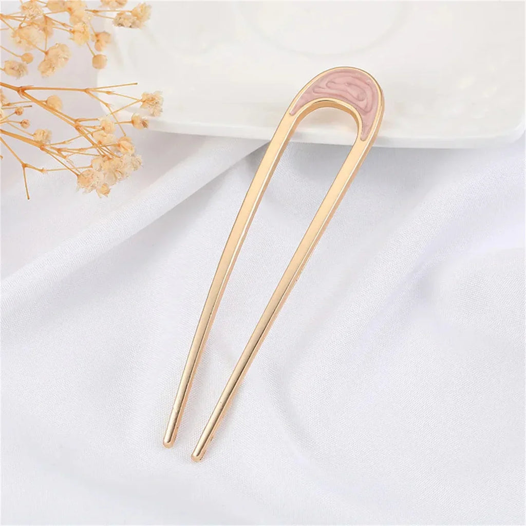 Elegant U Shape Hair Stick for Women in Silver and Gold Color with Shell Enamel Design