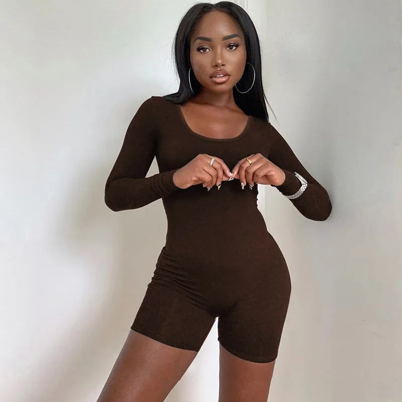 Sexy Slim Fit Autumn Playsuit for Women Long Sleeve Knitted Jumpsuit Solid Color Elegant Basic Fashionable Skinny Bodysuit