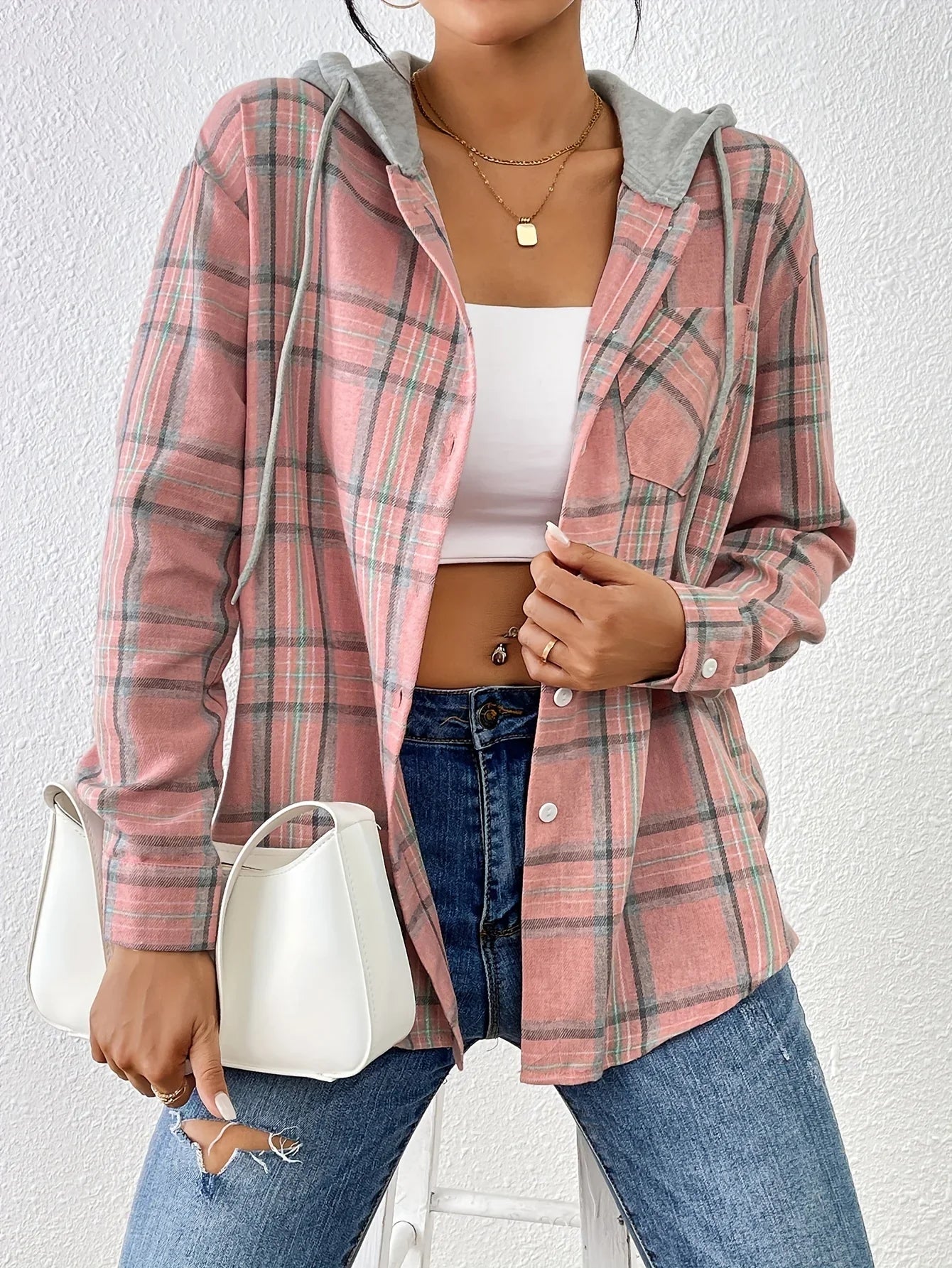 Women's Spring Autumn Hooded Plaid Shirt Loose Fit Casual Blouse Long Sleeve Office Top