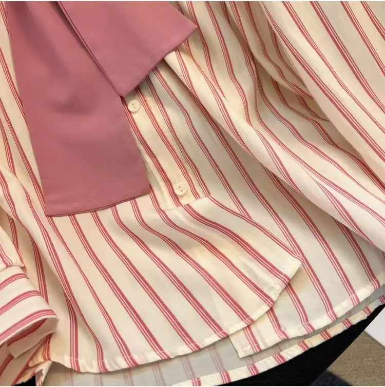 Chic Casual Fake Two Piece Long Sleeve Stripe Shirt for Women Stylish Matching Blouse Top