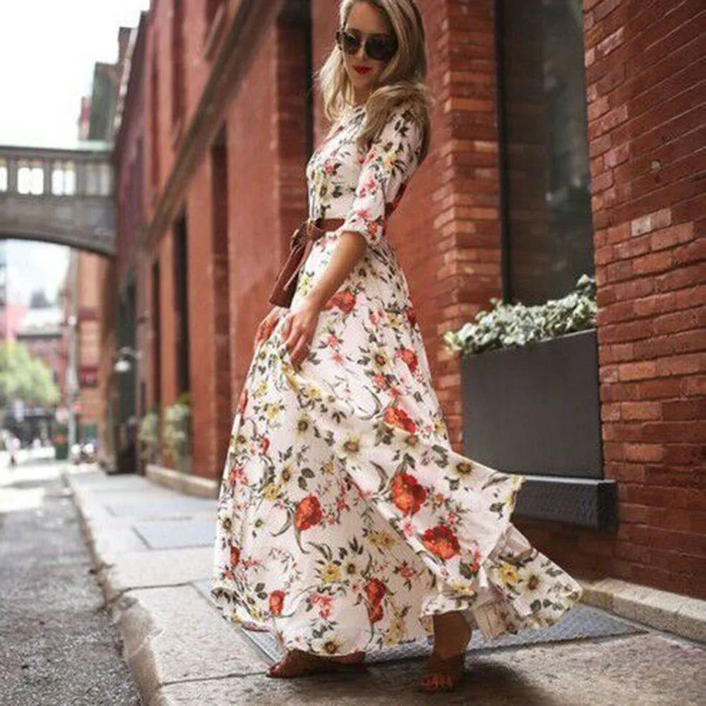 Floral Print A Line Maxi Dress With Elegant High Waist