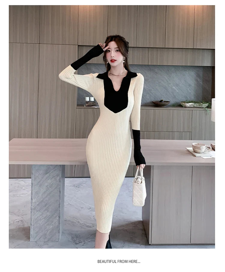 Korean Style Knit Dress Long Sleeve Color Block Lace