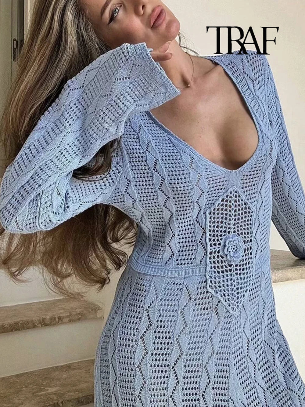 Blue Knit Beach Maxi Dress V Neck Long Sleeve Sheer