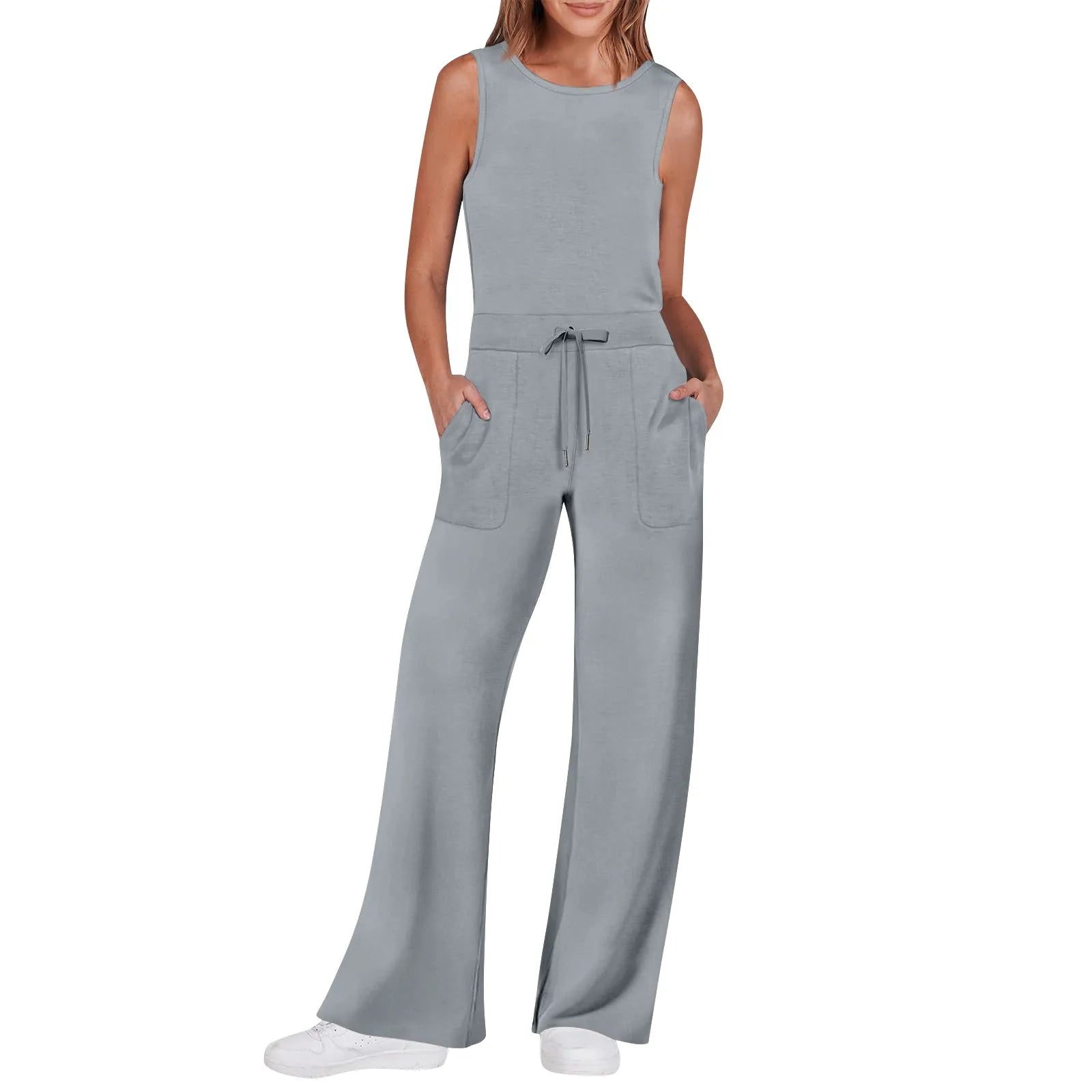Women's Sleeveless Solid Color Casual Jumpsuit with Drawstring Waist Pockets Straight Leg Thin Commuting Outfit