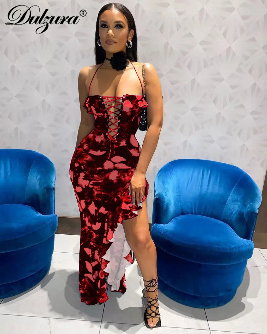 Tie Dye Midi Dress With Lace Up Side Slit Bodycon Ruffles