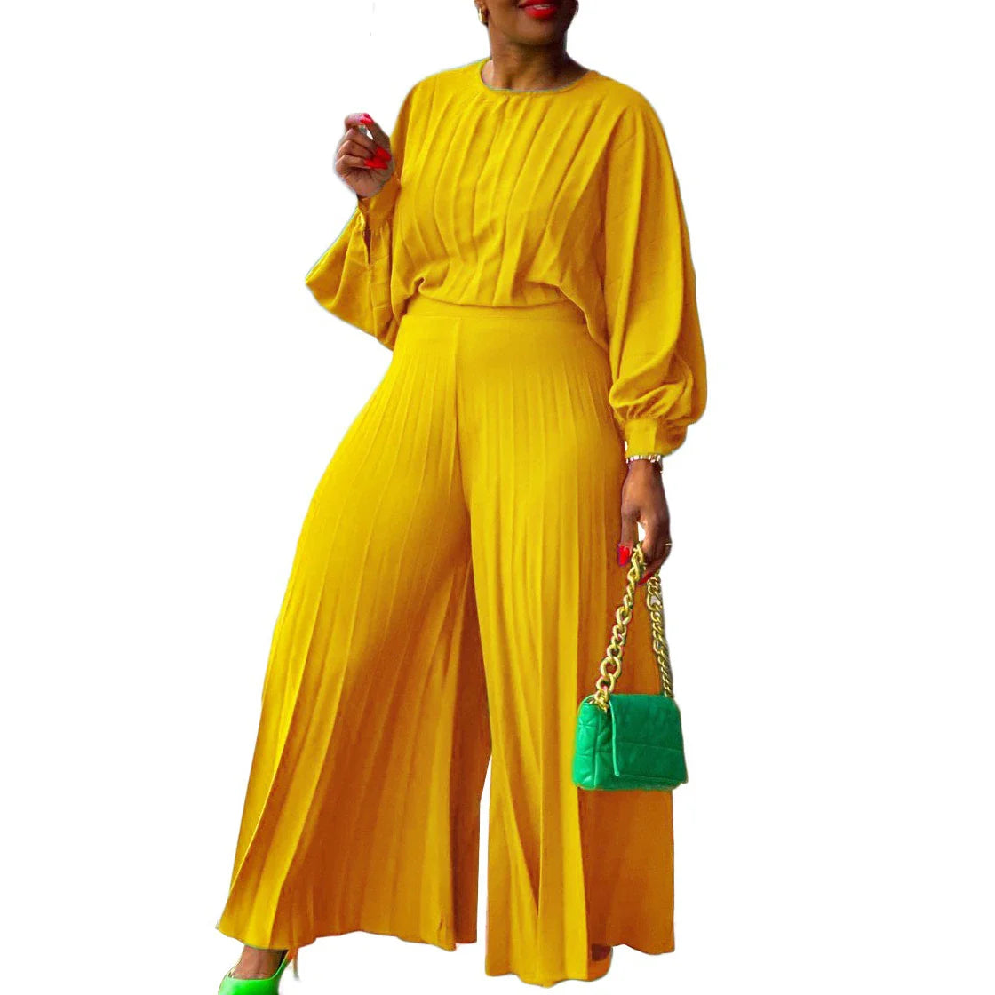 Elegant Two-Piece Women's Pants Set with O Neck Full Sleeve Blouse and High Waisted Wide Leg Trousers Fashionable Matching Outfit