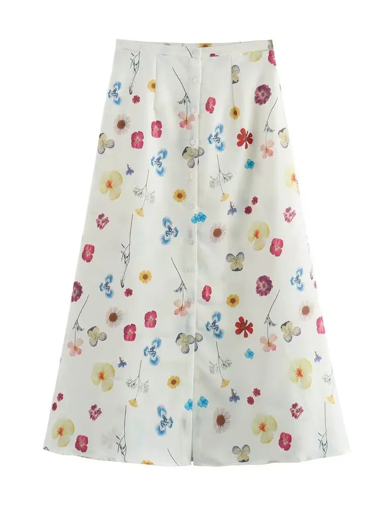 Women's Square Collar Lace-Up Slim Fit Top and Single Breasted A-Line Midi Skirt Two-Piece Set with Feminine Print