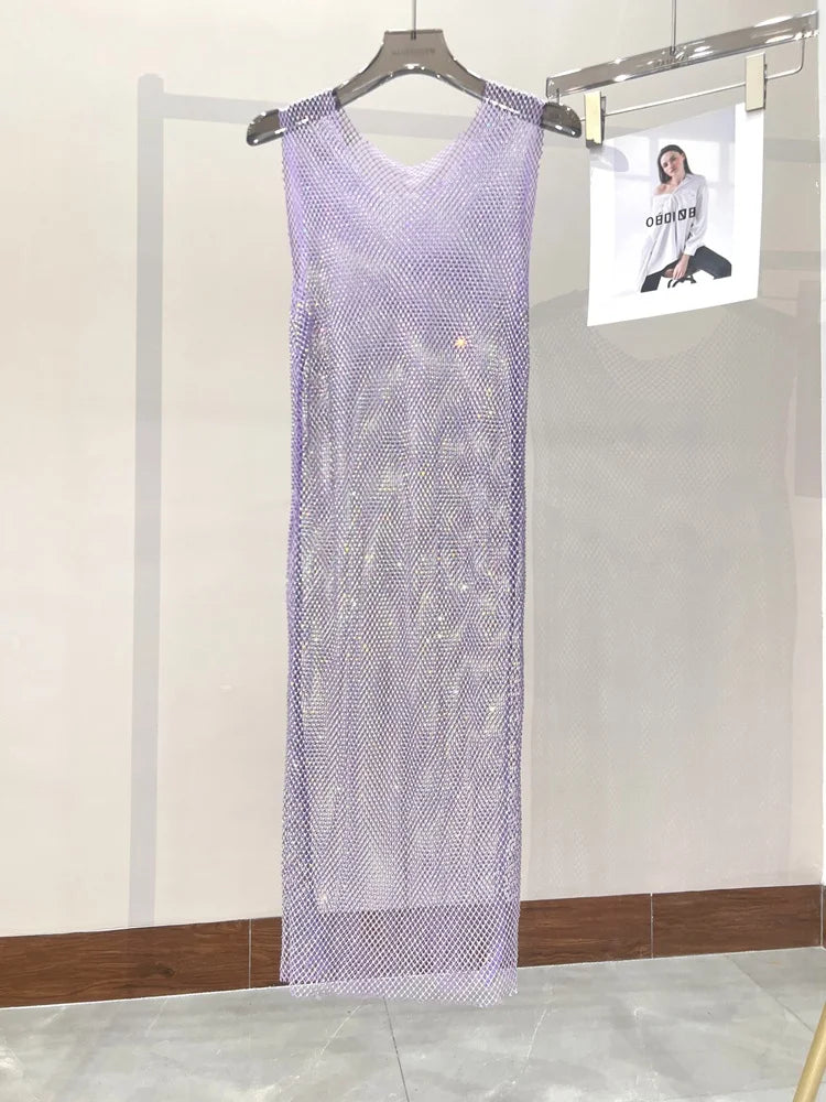 Rhinestone Mesh Midi Dress for Sexy Party and Clubwear