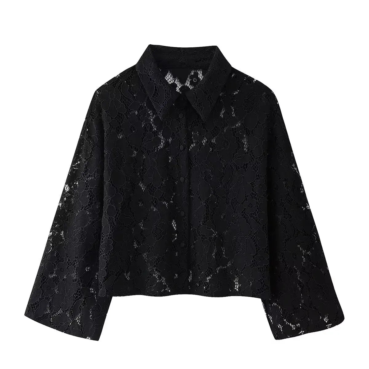 Black Lace Embroidered Short Shirt with Long Sleeves Elegant Autumn and Winter Fashion Top