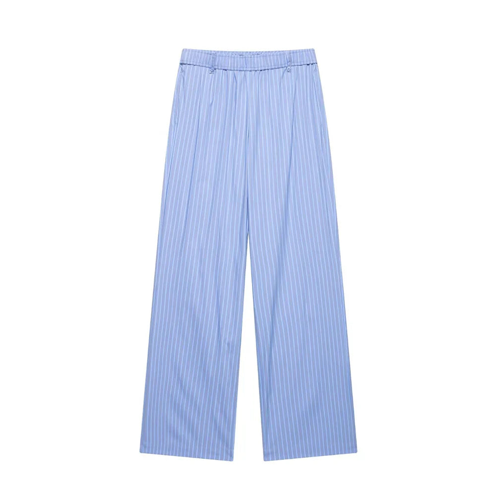 Womens Light Blue Pinstripe Suit Set with Sleeveless Asymmetric Vest and Wide Leg Pants for Stylish Office Attire