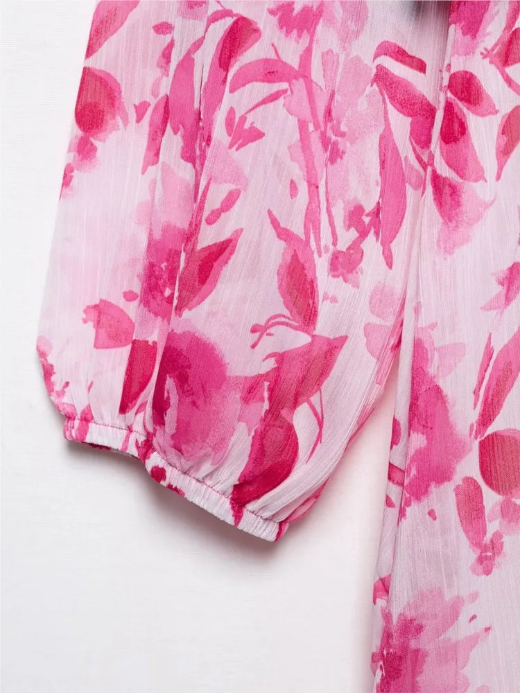 Printed Midi Dress With Belt for Women V Neck Chic