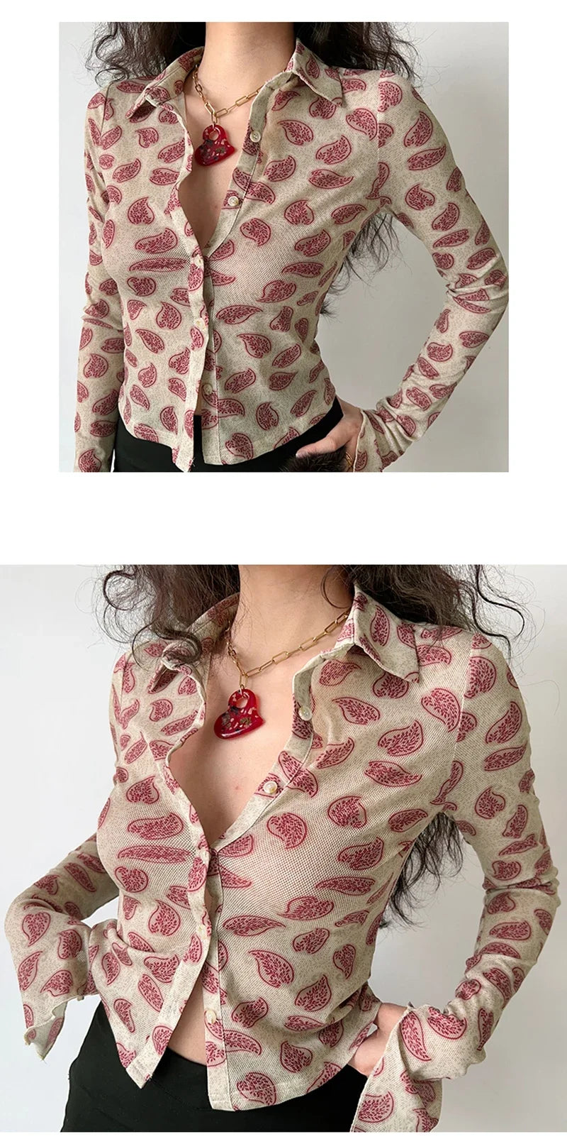 Women Printed Long Sleeve Blouse Turn-Down Collar Button-Up Cardigan Shirt Casual Office Top Vintage Autumn Fashion