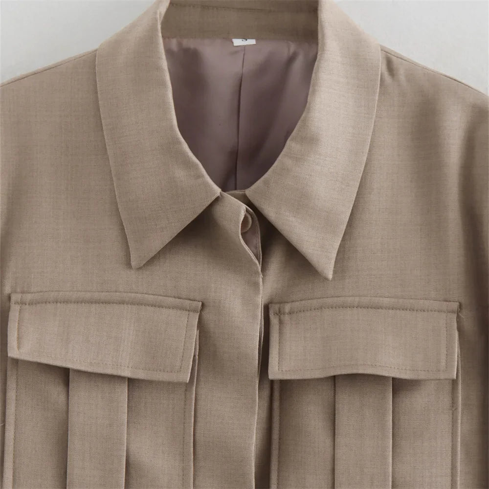 Women's Fashion Casual Double Pocket Coat and High Waist Wide Leg Pants Set