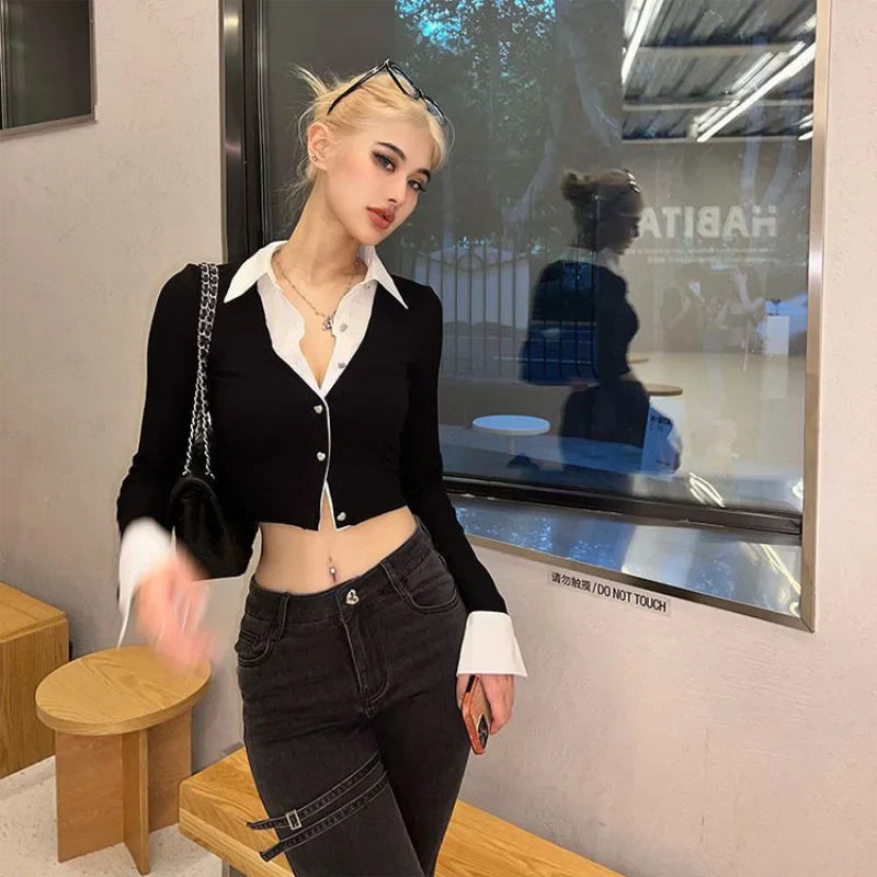 Y2K Two Piece Illusion Crop Top Women's Patchwork Slim Fit Long Sleeve Shirt Casual Streetwear Blouse for Spring and Autumn