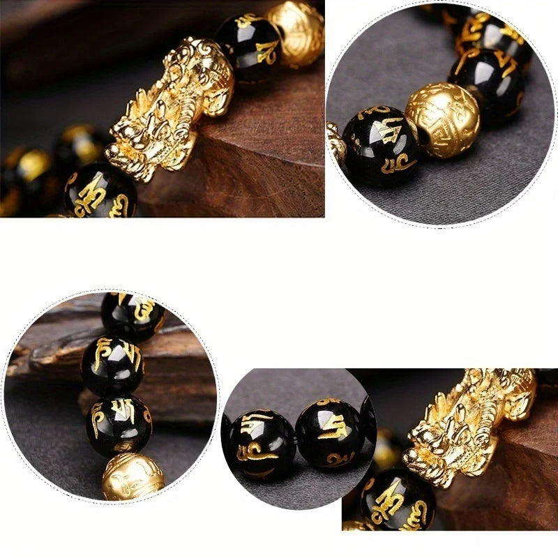Obsidian Stone Beads Pixiu Bracelet for Wealth and Luck for Men and Women