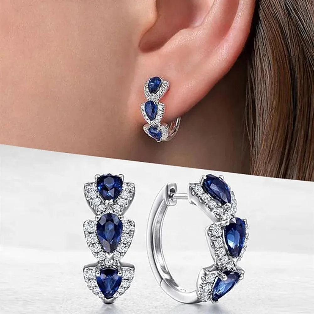 925 Sterling Silver Blue Cubic Zirconia Hoop Earrings Elegant Jewelry Gift for Women