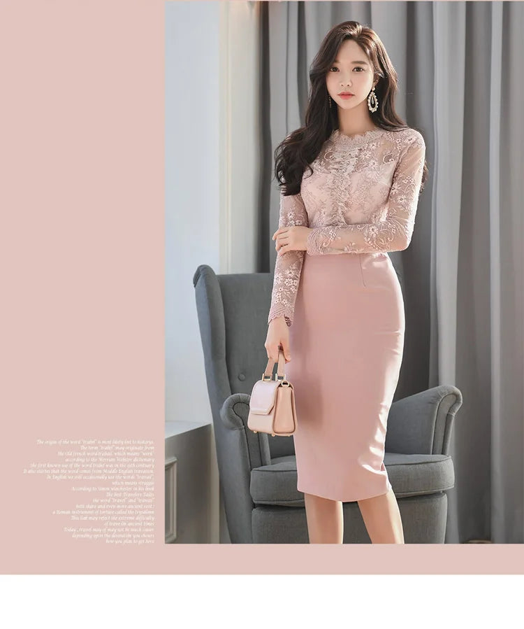 Korean Lace Bodycon Dress Women Office Sheath Pencil