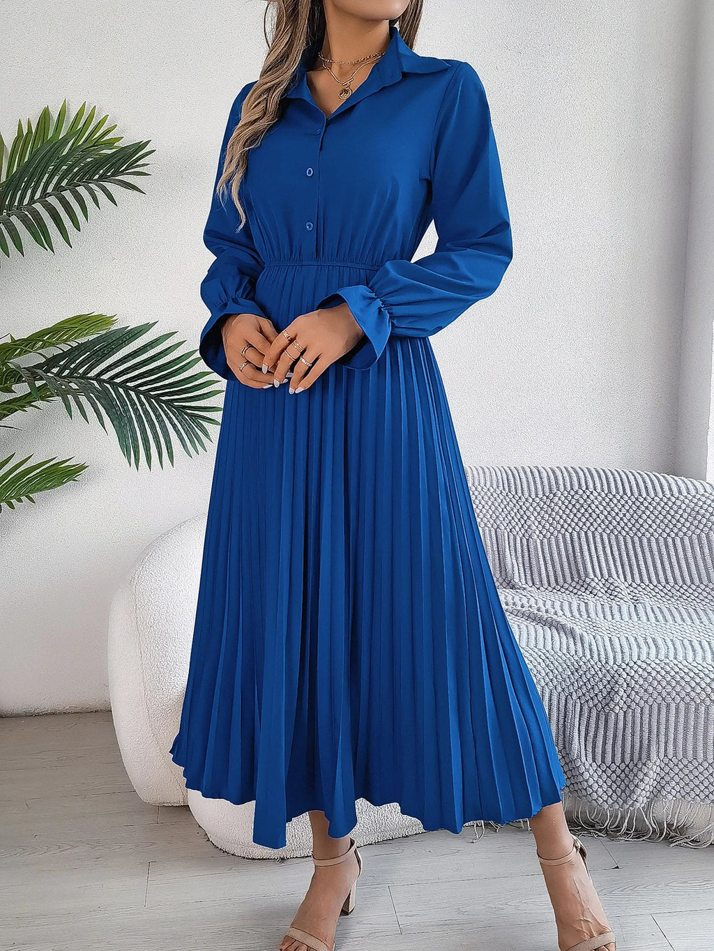 Solid Color Polo Neck Pleated Long Sleeve Dress For Women