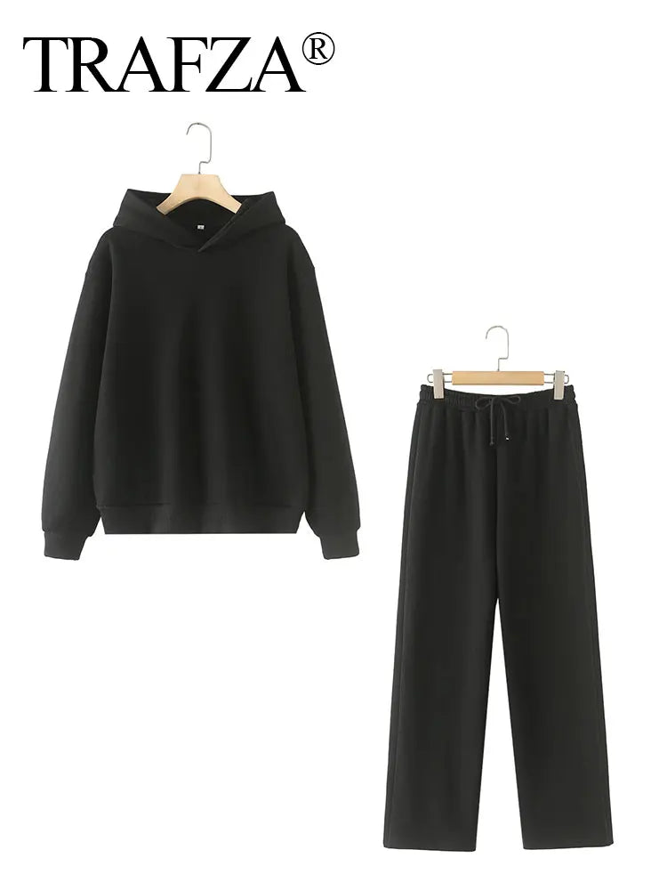 Solid Hoodie Top and Wide Leg Long Pant Set for Women with Elastic Waist and Chic Lace-Up Design