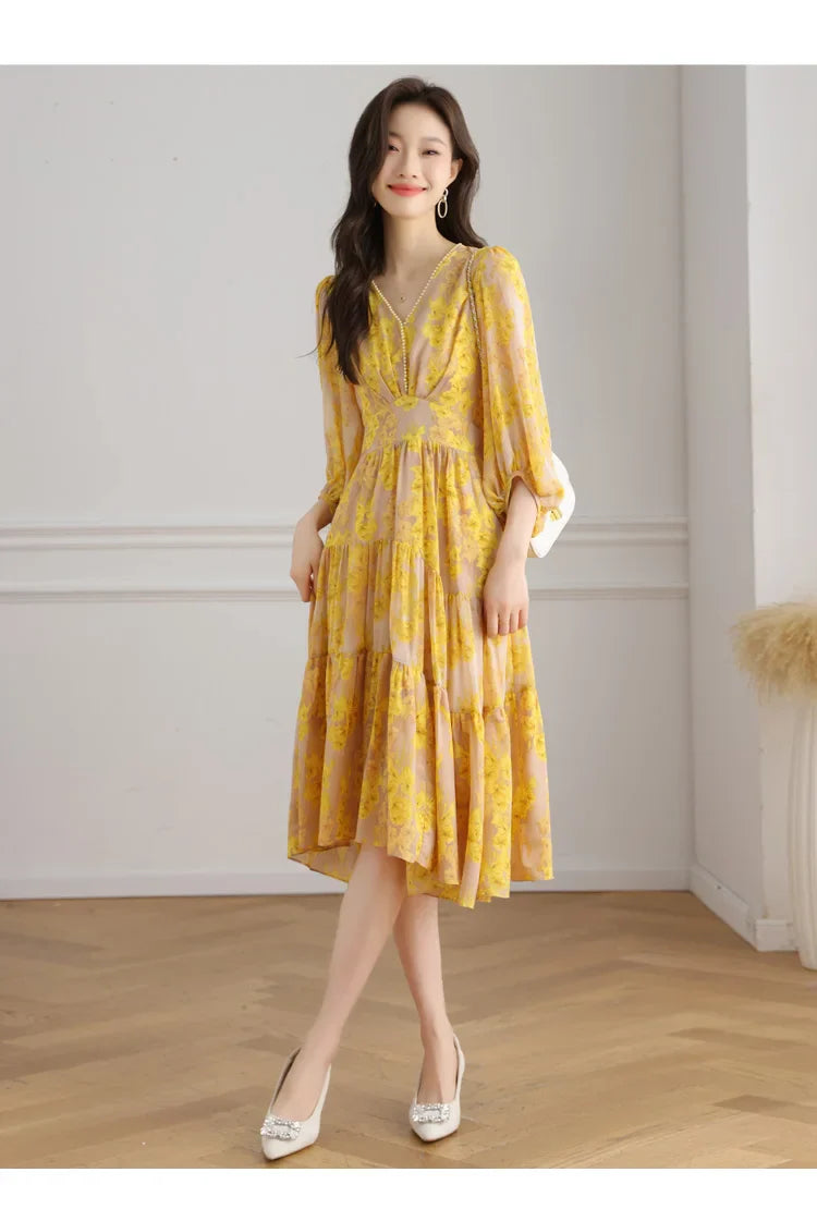 Floral Chiffon Dress For Women V Neck A Line Dress