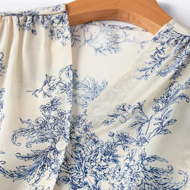 Women 100 Percent Mulberry Crepe Silk Shirt White Floral Button Down Long Sleeve Blouse Elegant Office Top M L XL