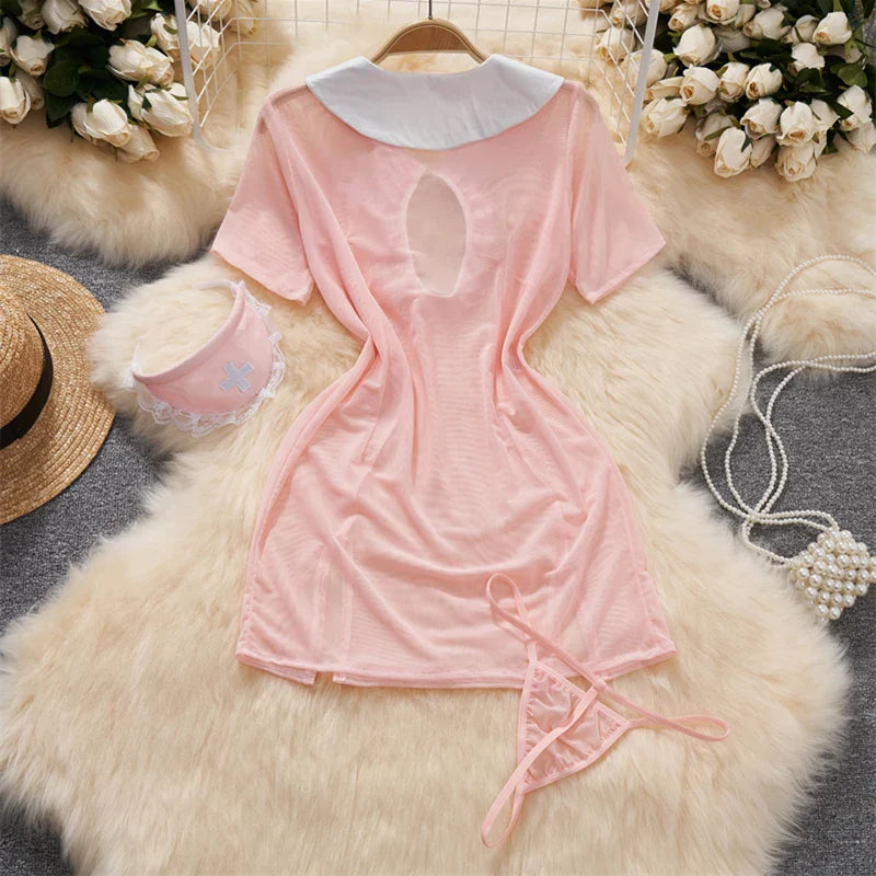 Kawaii Sheer Lace Patchwork Dress With Slit Party Wear