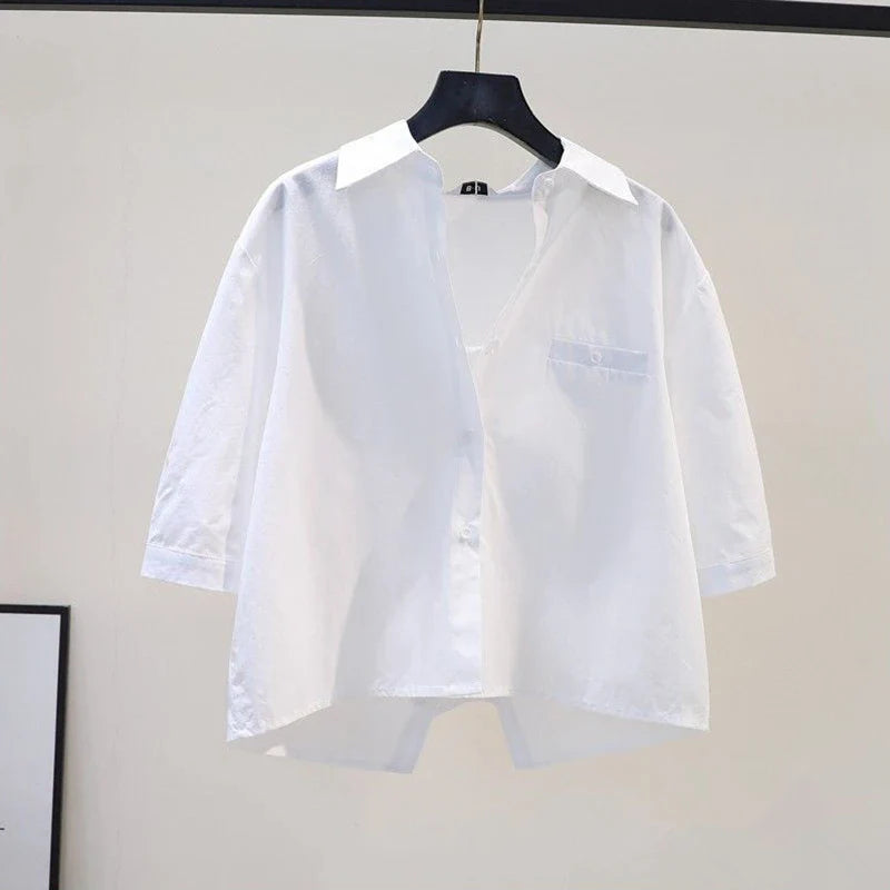 Chic White Back Split Blouse for Women Casual Short Sleeve Preppy Basic Office Shirt