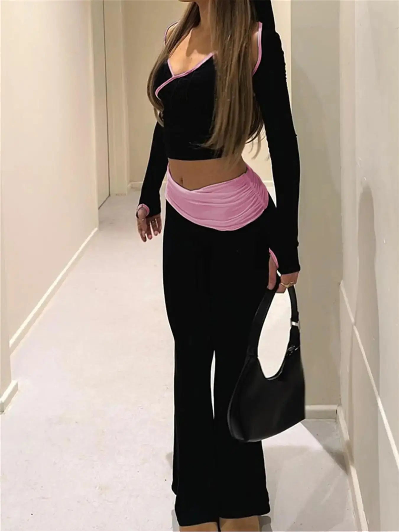 Cuteandpsycho Contrast-Color Patchwork Two-Piece Set Featuring Y2K Halter Neck Crop Top and Matching Trousers for Women Stylish Korean Inspired Outfit