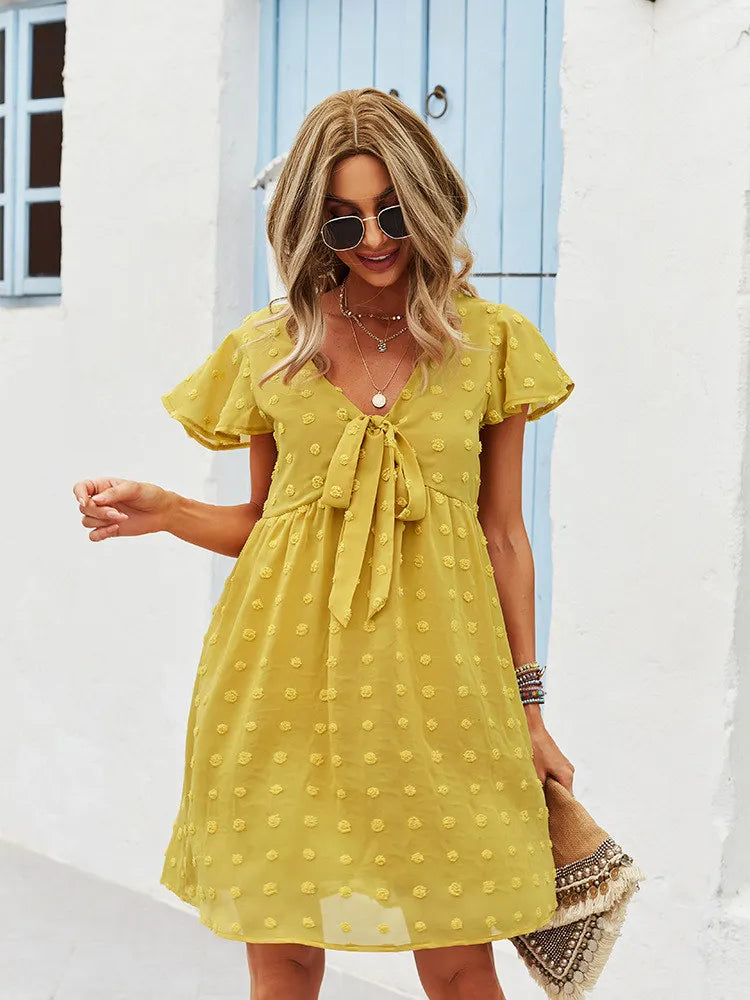 Bandage Dress For Women Solid High Waist Short Sleeve