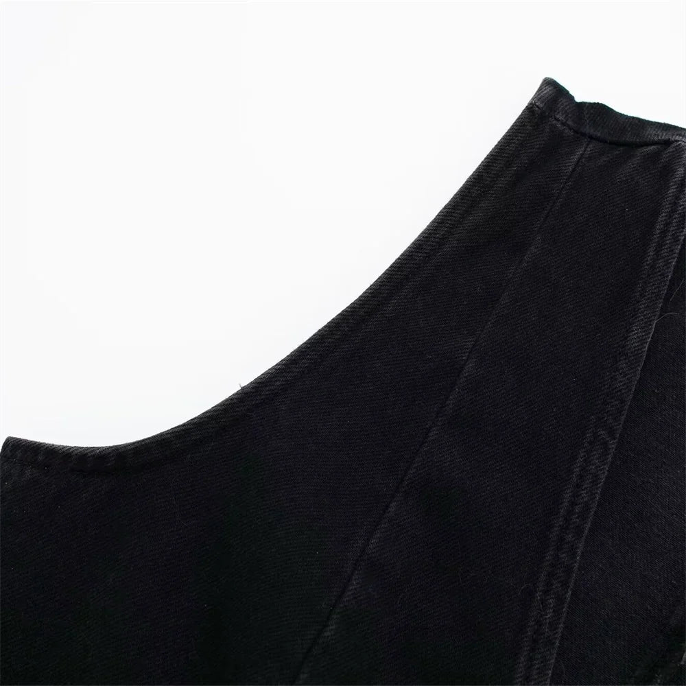 Women's Chic Short Denim Tank Top and Double Breasted Midi Denim Skirt Set Slimming Casual Fashion Ensemble