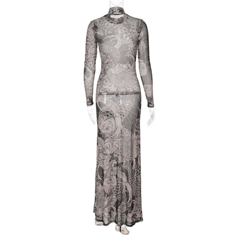 Women Mesh See Through Bodycon Long Sleeve Dress Autumn