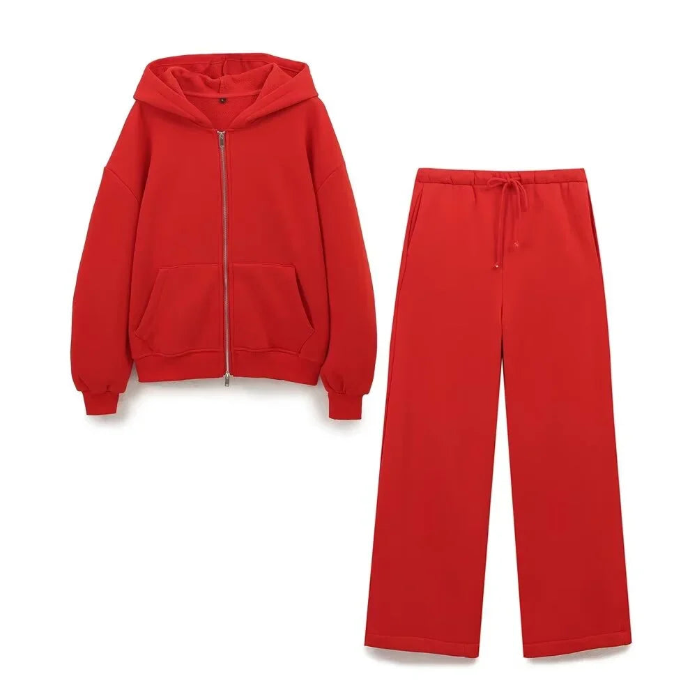 Fashionable Women's Casual Sportswear Jacket and Wide Leg Pants Set with Zipper Decoration