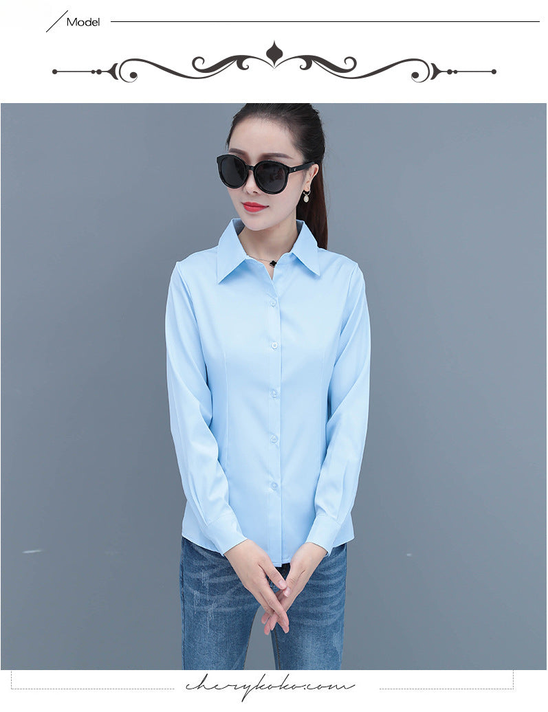 Elegant Slim Fit Blue Long Sleeve Blouse for Women Formal Office Shirt Basic Workwear Top
