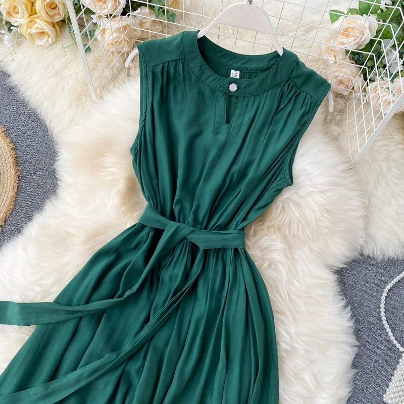 Sleeveless Summer Dress Solid Colors Green Blue Yellow Casual