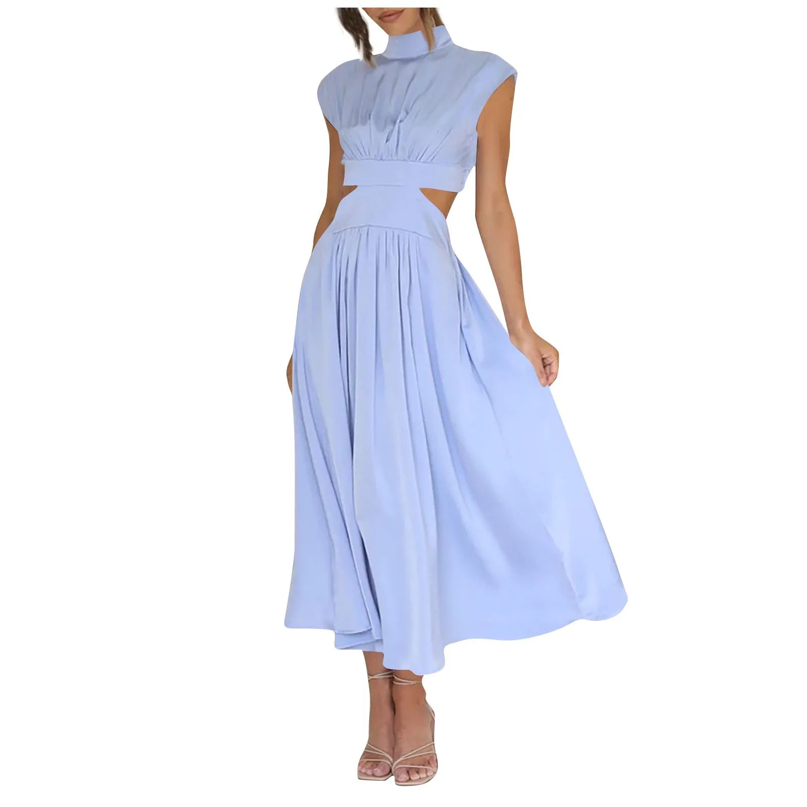 Solid Color High Waist Maxi Dress Sleeveless With Pockets