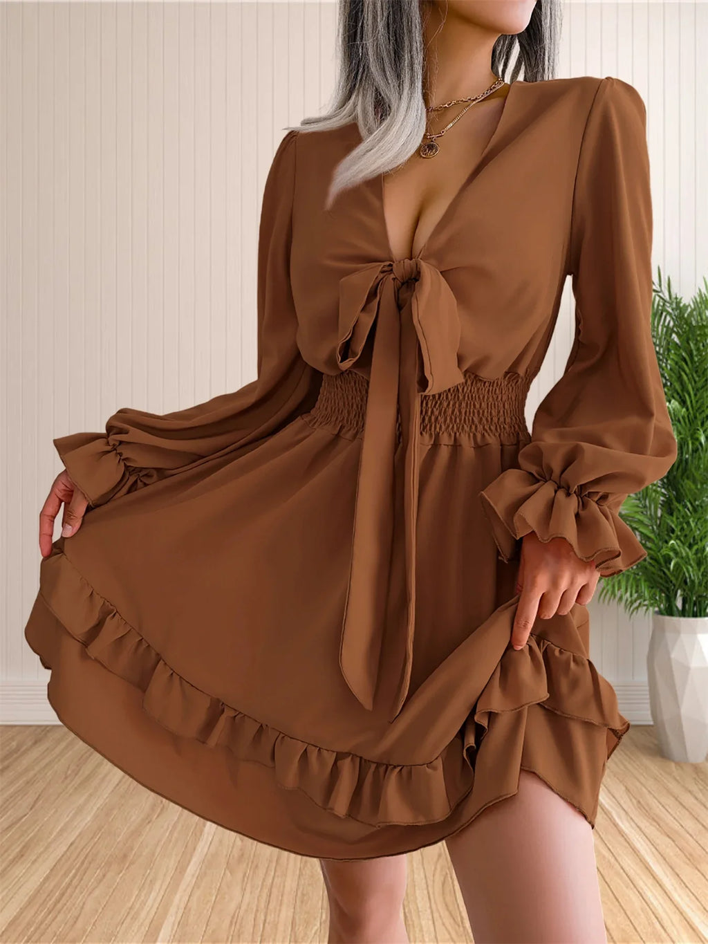 Womens V Neck Knot Front Smocked Waist Tiered Skater Dress