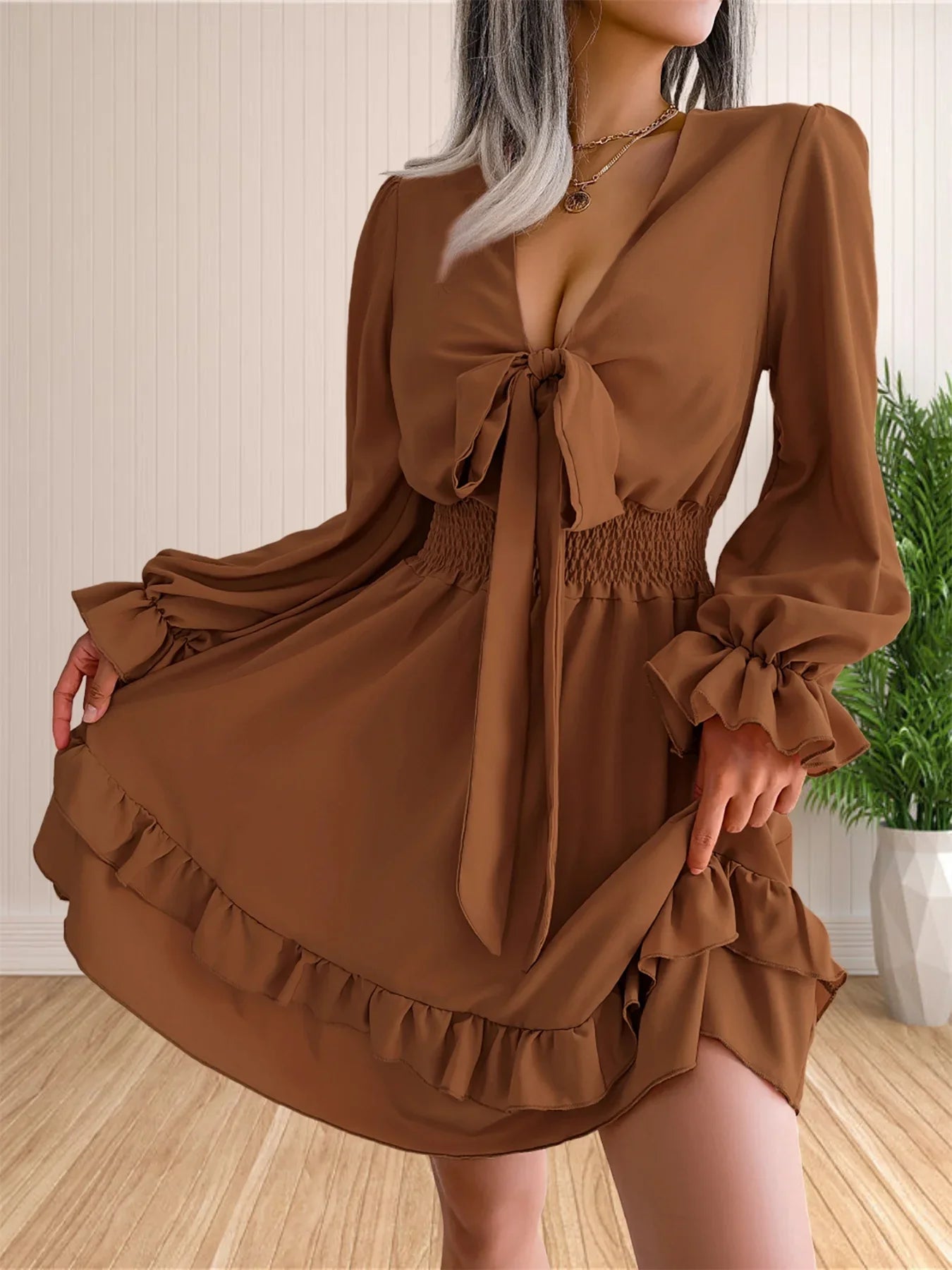 Womens V Neck Knot Front Smocked Waist Tiered Skater Dress