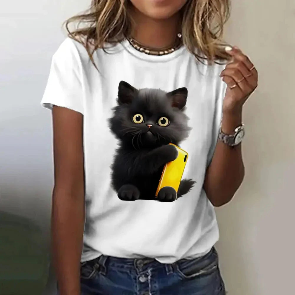 Cute Cat Printed Women's T-Shirt Comfortable Casual Short Sleeve Top for Daily Wear