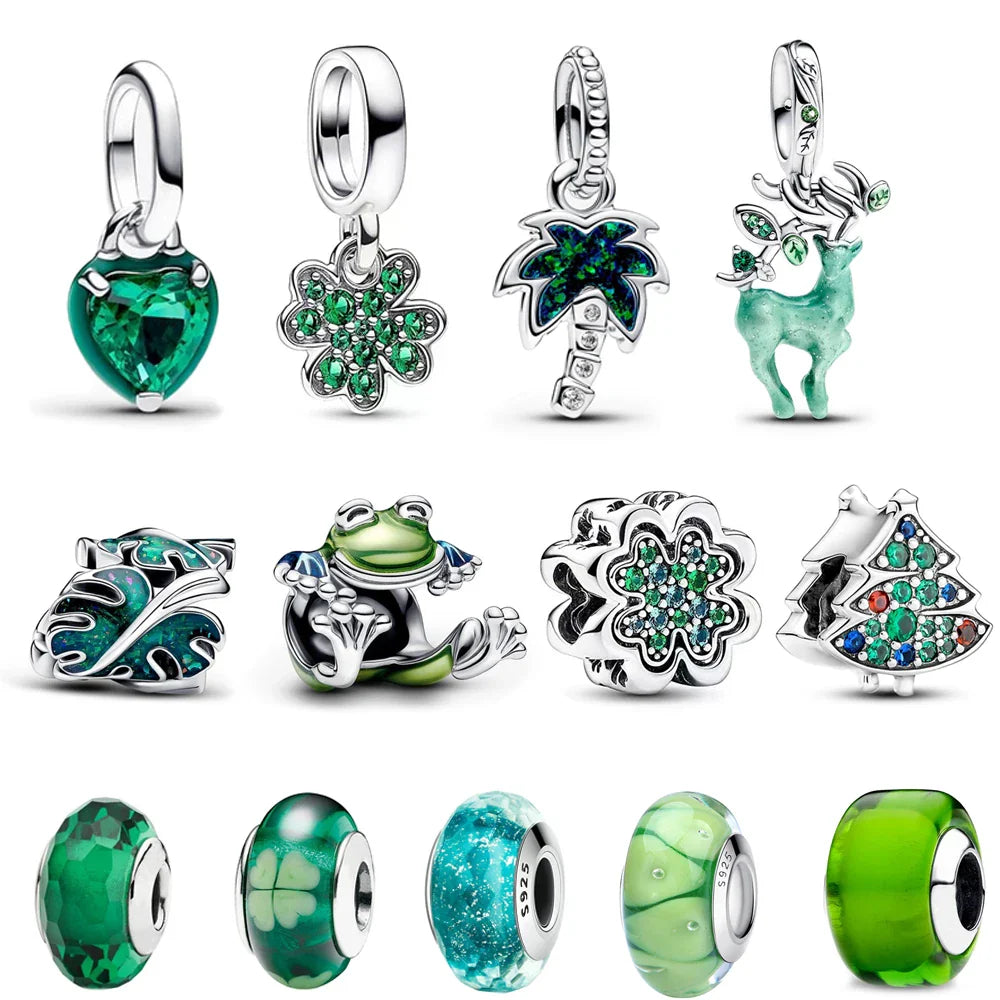 925 Sterling Silver Green Monstera Leaves Frog Dangle Charm for Necklace and Bracelet