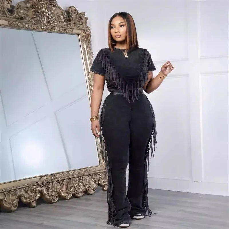 Tassel Two Piece Set for Women Casual Streetwear T-Shirt Top and Flare Pants Tracksuit