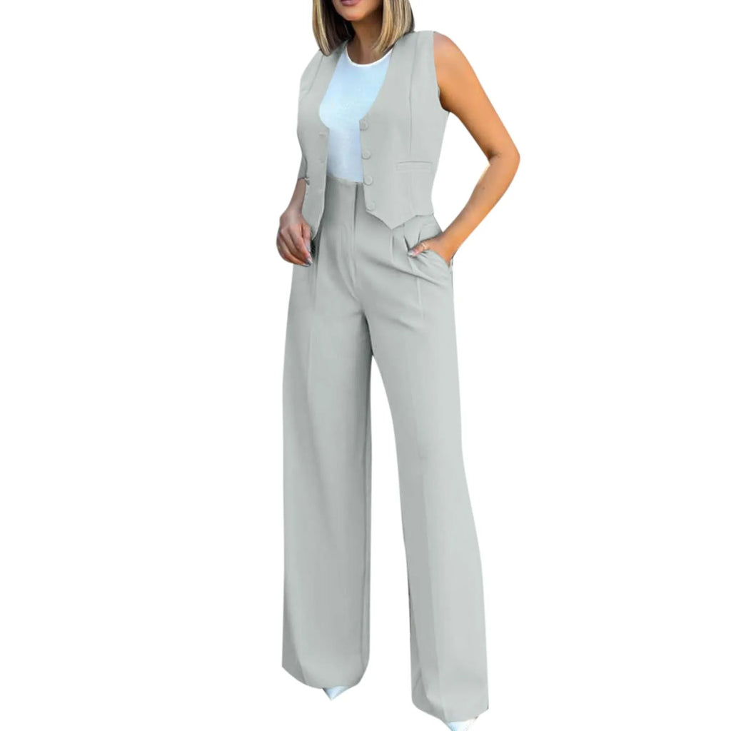 Sleeveless V-Neck Vest and Wide Leg Pants Suit for Women