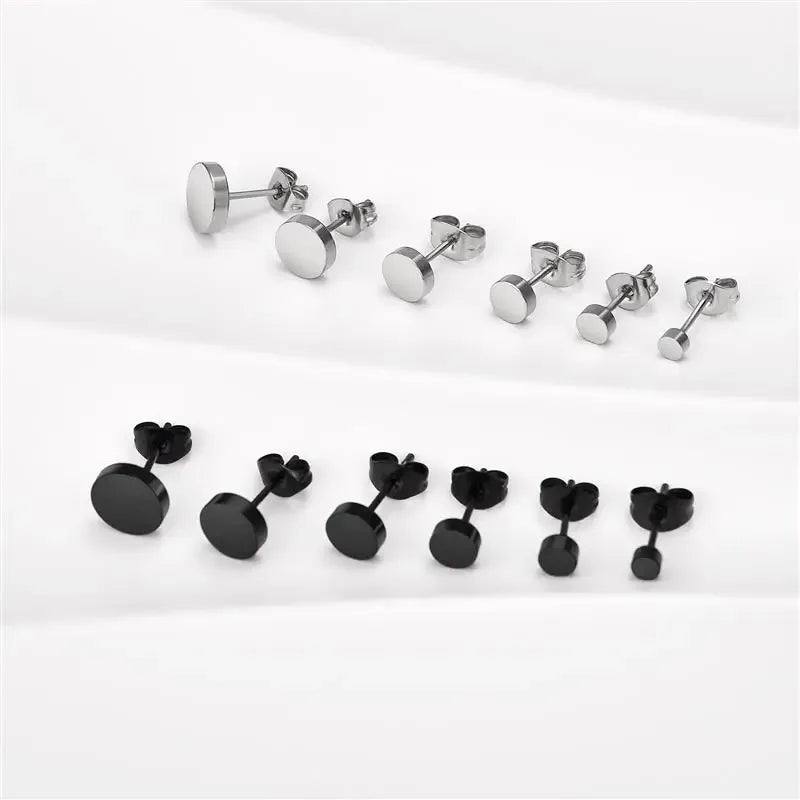 2pcs Stainless Steel Black Ear Studs 3-8mm Punk Push Back Earrings for Men and Women