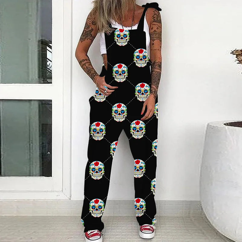 Women's Autumn Lace-Up Skull Print Overalls Jumpsuit with Pockets and Adjustable Straps